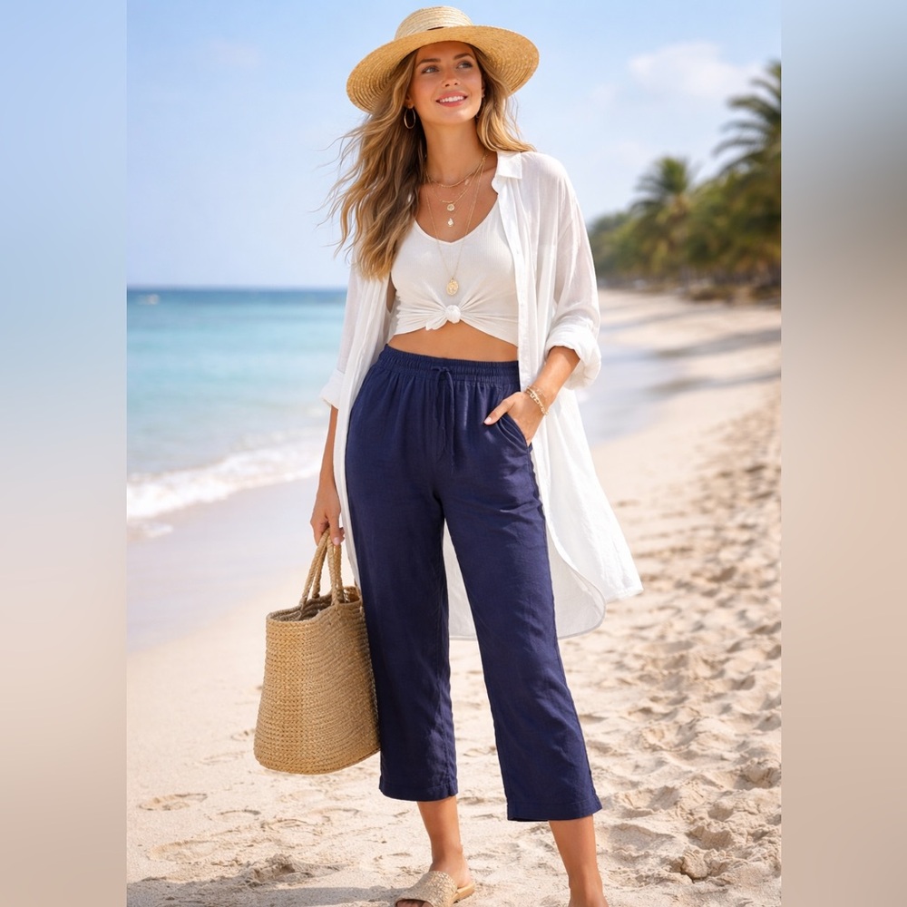 C & California Linen Blend Pants Blue Elastic Waist Pull On Coastal